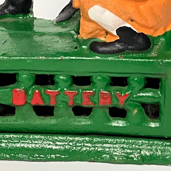 Vintage Cast Iron Hometown Battery Baseball Mechanical Coin  Bank Toy - Picture 10 of 11